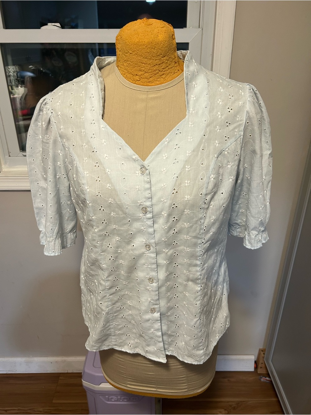 Vintage Light Blue Eyelet Button-Front Blouse Size Large